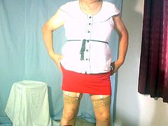 Dee in new red skirt and suspenders