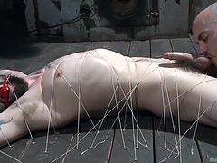 Two horny dominant men awfully use slutty Jackson. The helpless guy is totally naked and has been bonded strongly, and mouth gagged. His dick looks very appetizing and is the main center of attention, as a dominant bald tattooed man keeps sucking it. Another lusty male joins him, just to taste those balls...