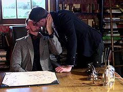 Are you fond of British lads? Click to watch two lusty men getting rid of their fancy suits... The chock-full with books room gets quickly revived by a passionate romance, that comes alive when the hot guys kiss. Watch the tattooed guy sucking cock with frenzy. Enjoy the sexy details!