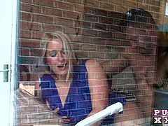 Kaz B loves teasing all the young studs around the block with her phat ass and juicy tits. Today, she is surprised by her neighbour waiting spying and jerking off from outside the window. He comes in to cum out on her dad´s favourite dress.