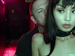 Have you got thrilling fantasies with slutty babes, that get disgraced or humiliated in public? Click to see a naked Asian bitch with small lovely tits, obeying a dominant guy, who uses her without any mercy. She wears a collar at her neck and is persuaded into sucking cock. Enjoy the kinky details!