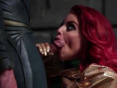 Beautifully dressed well-endowed redhead Britney Amber drops on her knees and gives great deep blowjob to clothed guy in Batman XXX parody. Nothing can stop Britney Amber from dick sucking!