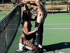 A naughty student, wearing a sexy uniform, is eager to meet with a horny guy on the tennis field. So, slutty Ariana doesn't go straight home after classes. You can find her shamelessly sucking cock out in the open, after her perfect ass is rimmed with passion. See the naked bitch on her knees!