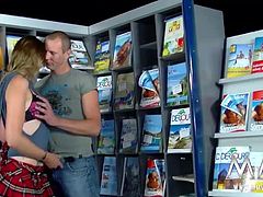 Another young couple are requesting sex couseling of our dearest professional Meli Deluxe. She and the young girl are both fucked hard and cummed on in a public book store.
