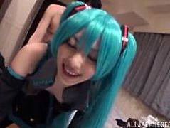 If you look for slutty babes wearing kinky outfits, check oou this horny Japanese's sexy costume! Dare to click and see the green-dyed lady spreading her legs widely, to entertain three lusty guys. Watch the bitch banged hard from behind!