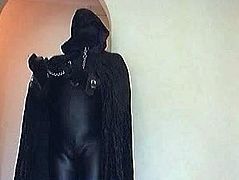 Catsuit, gloves, cape, spandex hood, collar, leash, cuffs