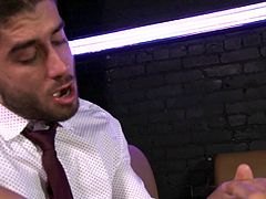 After a hard day of working, these horny suits are just waiting to rip their elegant suits and get loose. Click to watch sexy Diego Sans, showing his cock to lusty Vadim, a tattooed horny guy, who's just waiting to taste it. See them kissing and playing dirty!