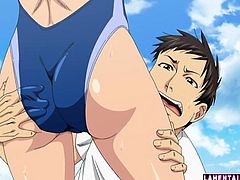 Hentai girl in swimsuit gets her wet pussy fingered
