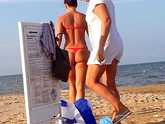 pawg red thong girl on the beach