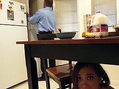 A horny young lady with long dark brown hair is in the mood for playing dirty. She acts very provocative during taking breakfast, and suggests that she would like to taste cock. Watch her biting from a banana, than bending over lasciviously to suck dick.
