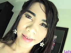 Ladyboy in a full pantyhose exposes her cock and jerks it