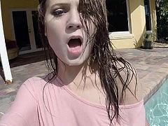 If you are a fan of uninhibited naughty teens, click to meet slutty Jojo Kiss, a horny amateur, who is thrilled to please her partner and play dirty games, even out in the open. She looks very hot, with her wet pink blouse and wet long hair. See her sucking dick and riding it.