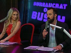 The seductive ladies in the studio have a kinky mission for this particular morning show edition! Click to watch the hot topless blonde sluts, doing their best to entertain the two guests, invited on the red couch. Have fun!