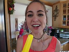 Tight body girl Riley Reed with sexy perky tits takes off her shorts and shows her bush before she gives blow job on her knees. She sucks Chris Strokes meat pole and eats ice cream at the same time.