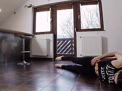 Slutty Carolina has nothing against being filmed by her horny pervert lover, while doing some physical exercises on the floor. The man keeps recording, as the atmosphere slowly intensifies. Don't miss the inciting blowjob and the spicy details!