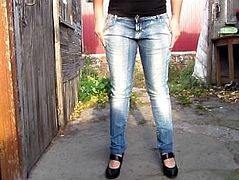 Russian girl pissing in jeans