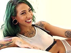 Slutty Veronica is burning of lusty desires and the only way to temper this horny tattooed bitch, is to pound her cunt hard. Click to see this busty punk slut with green-dyed hair, enjoying the company of two guys, who are about to use her in the dirtiest of manners... Have fun!
