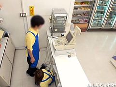 This guy comes into the convenience store for a quick snack, but little does he know, that the cashier is getting sucked off behind the counter. The female employee is sex crazed, and she needs to suck cock right now.
