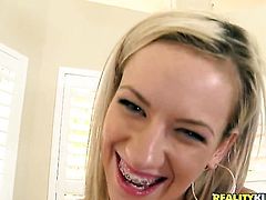 Blonde gets her mouth stretched by guys rock solid rod