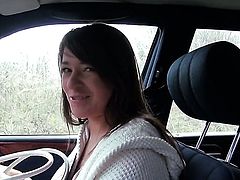 Amateur Anastasia in pink panties shows her twat in a car
