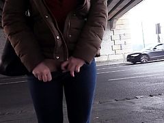 Picking up this friendly bitch with sweet smile was a good idea, as she generously accepted to show us her magnificent natural boobs, the size of an orange. She also unzipped her blue jeans, to expose her lovely shaved cunt to the camera... Enjoy the kinky details!