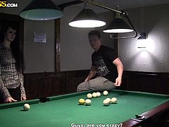 Emmili is a really good girl. She would never dream about doing anything sexual for money, but the offer these guys make for her, as they play billiards, is ultimately too good to pass up. 200 bucks for just showing her tits and letting them suck on them. They pay her more, to show her ass and she accepts.
