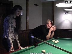 Emmili is a really good girl. She would never dream about doing anything sexual for money, but the offer these guys make for her, as they play billiards, is ultimately too good to pass up. 200 bucks for just showing her tits and letting them suck on them. They pay her more, to show her ass and she accepts.