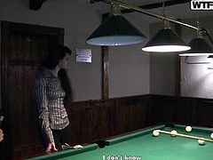 Emmili is a really good girl. She would never dream about doing anything sexual for money, but the offer these guys make for her, as they play billiards, is ultimately too good to pass up. 200 bucks for just showing her tits and letting them suck on them. They pay her more, to show her ass and she accepts.