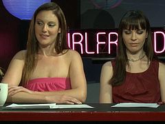 Kinky lesbian ladies interview a dude in their show