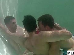 Three hot guys enjoying poolside threesome fucking