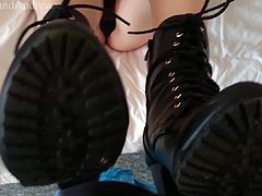 Leather ankle boots shoejob and footjob