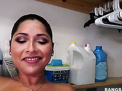 Busty shy Latina is stripping naked