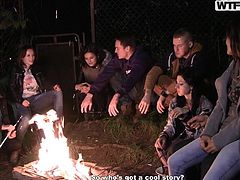 These college babes are hanging out with some guys, enjoying a nice, cozy campfire outside. It's almost time to start the party, so they head inside for some comfort and partying. The drinks flow, the clothes come off and cocks come out, to get jerked and sucked on by the horny sluts.