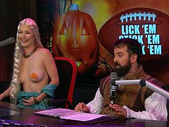 Playboy's Morning Show here features a Halloween-themed show. The pretty ladies being interviewed are all dressed up, just like the d. j. 's. Women dressed as nun, Nefertiti, a prostitute and a mermaid have come together at this party. Enjoy!