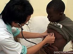 African gay twink Eric feels terrible and goes to see Dr. Al. This is an urgent matter indeed so the good Doctor wastes no time and gets right to work with some anal probing. He thoroughly examines and penetrates Erics ass with his sex toys and comes up with the diagnosis. The black twink is suffering from extreme horniness. The treatment more anal probing, kinky examination, a milk enema, and finish up with some bondage and bareback fucking.