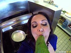 Seeing naughty Ava masturbating with a cucumber is a huge turn on for Xander, the cook. The extremely hot brunette, while showing off her incredibly amazing tits, gets down on knees to taste her admirer's appetizing cock. Don't miss the spicy scenes!