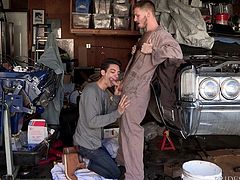 As they work on the car, Roman and Spencer start noticing that every time they do this, they start having sex. Roman gives Spencer a nice blowjob, before he becomes the recipient of passion in the bedroom.