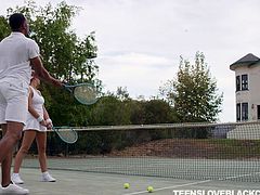 August Ames was in horny mood and the moment her trainer entered the court, she decided to seduce him. During practice, she willingly rubbed her ass against his crotch, showed deep cleavage and when he approached her, she sensually kissed him, and offered blowjob in the tennis court itself.