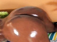 Attractive chocolate sweetie with bubbly ass and shaved beaver has fire in her eyes as she gets her love box fucked good and hard by hot guy in interracial sex action