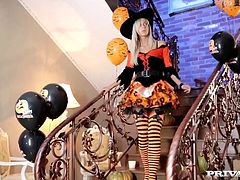 In Private Gold’s Halloween porno “Trick or Treat”, busty blonde Nathaly Cherie gets more than just a candy bar! The skinny Czech cutie has her firm ass and perky tits filled up before taking out her man’s cock and giving him a sloppy POV blow job.