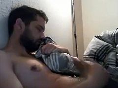 Muscular tired guy cumming