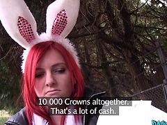 I found this bunny on the roadside and offered her a good deal. In exchange of money, I asked her for a public blowjob. The place was abandoned, so she agreed. Watch redhead bunny, hungrily licking my hard dick, on knees, for some cash. While she was sucking, a few people walked past. Enjoy the inciting details!