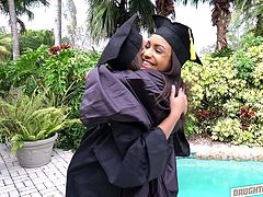 This cute dark skinned hottie just graduated college and now is the perfect time to be a bad girl. She gets in bed with her step daddy and has some erotic fun with him. The cute babe sucks on his hard cock and brings him to the edge of ejaculation. He slams her wet cunt. A perfect graduation present.