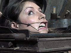 I had never saw such a perverted torture. Placed in a special box under the floor, which looks like a cage, Dee was brutally humiliated. Her nose and mouth were stretched with a special device, while her mouth was stuffed with a black dildo. She cannot withstand, as only her head is on the surface. Tough Domination!