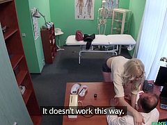 This blonde sexy patient needs some special stamp on her medical certificate and she is ready to do everything, to get, what she needs. Her doctor is adamant and is not going to help her, so she decided to take extreme measures. She offered him a blowjob and her sweet pussy, as reward for the stamp...