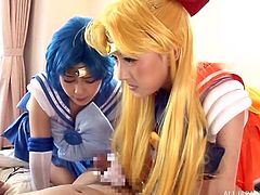 Fanboys of cosplay girls are in heaven, when they get to act out their fantasies. This guy has two beautifully delicate women playing with his body and using their pretty, perfect mouths on his dick, licking and sucking it.