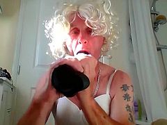 sissy ken sucks his dildo in white lingerie