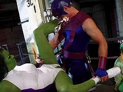 Horny senorita with the green skin is banged by the hung superhero