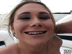 Blonde Captain with gigantic breasts and bald beaver gets her mouth attacked by guys meaty sturdy schlong