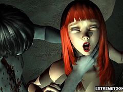 Stunning 3D cartoon redhead honey fully enjoying getting choked while getting fucked hard by a horny zombie